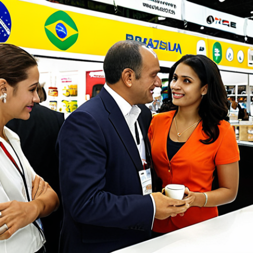 Home 19 **
A bustling international trade fair in São Paulo or Rio de Janeiro. Focus on a diverse group of professionals (both men and women) in business attire, negotiating deals and showcasing products. Prominently feature displays with company logos and products representing Brazilian exports (e.g., coffee, soybeans, technology). The overall atmosphere should be energetic and professional, highlighting the opportunities in Brazilian foreign trade.
**