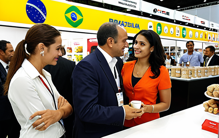 **

A bustling international trade fair in São Paulo or Rio de Janeiro. Focus on a diverse group of professionals (both men and women) in business attire, negotiating deals and showcasing products. Prominently feature displays with company logos and products representing Brazilian exports (e.g., coffee, soybeans, technology). The overall atmosphere should be energetic and professional, highlighting the opportunities in Brazilian foreign trade.

**
