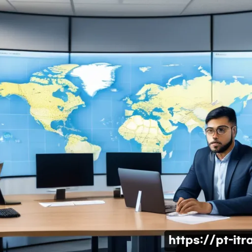 무역업무자격증 - A professional international trade specialist in a modern office environment, surrounded by multiple...