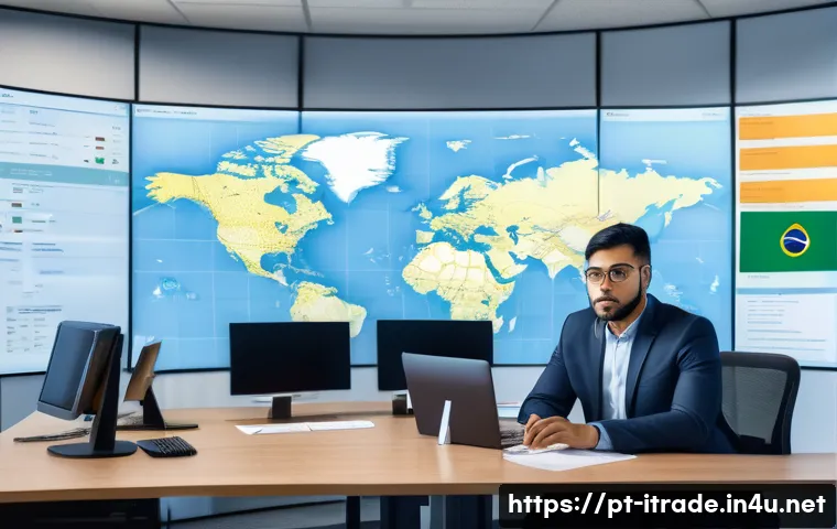 무역업무자격증 - A professional international trade specialist in a modern office environment, surrounded by multiple...