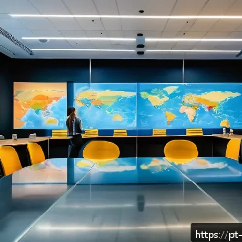 Home 33 무역관련학위과정 - A modern university classroom scene focused on International Relations studies, featuring a diverse ...