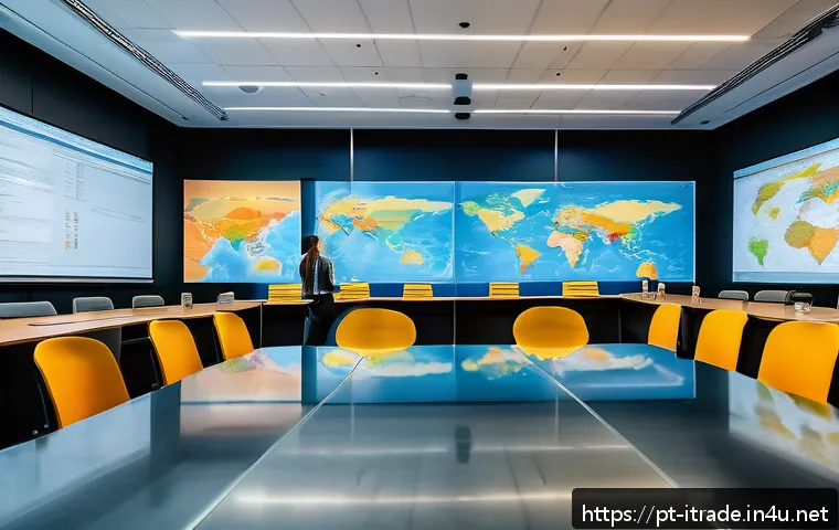 무역관련학위과정 - A modern university classroom scene focused on International Relations studies, featuring a diverse ...