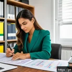 Home 20 국제무역자격증준비 - A professional Brazilian businesswoman studying international trade certification at home, surrounde...