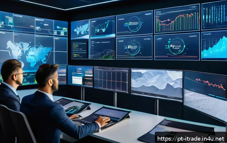 무역회사이직 - A modern international logistics control room featuring diverse professionals monitoring multiple la...