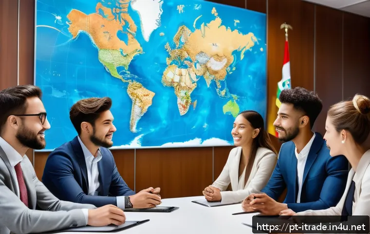국제무역업무인턴십 - A diverse group of young international business interns in a modern office, dressed in professional ...