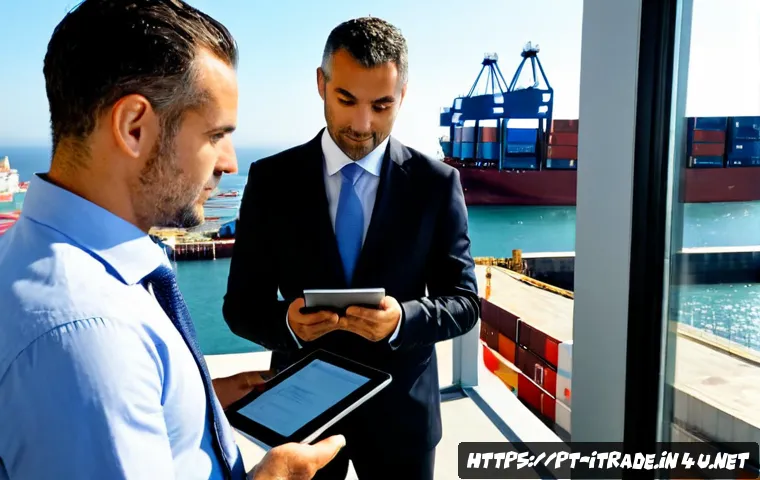 국제무역컨설팅 - Photorealistic international trade consulting meeting in a modern Lisbon office, Portuguese business...